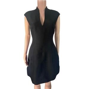 Halston Heritage Black Cocktail Dress Sz 4 Silk Cotton Blend V Neck Sheath Party